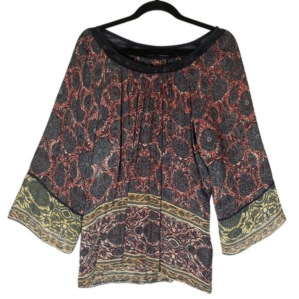 Plenty by TRACY REESE Sz S India Gauze Sheer Peasant Top Flare Sleeve Festival